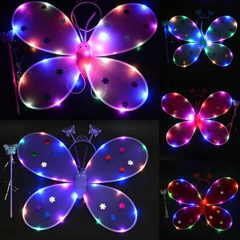 Three Piece Set LED Performance Costume Light Up Wing Sparkles Butterfly Fairy Angel Wing Girls Party Dress Up Cosplays