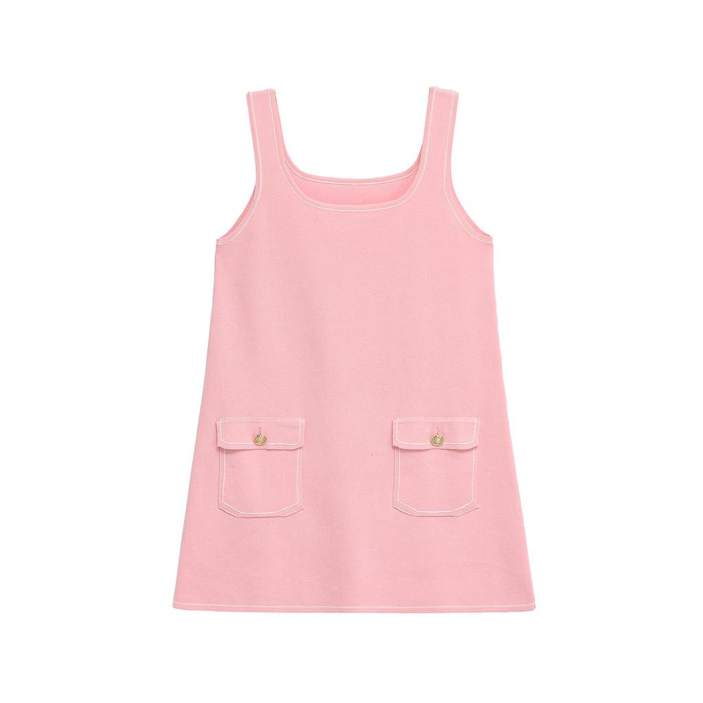 2025 Summer Women's French Sweet Casual Knit Sleeveless Dress with Pocket Brooch