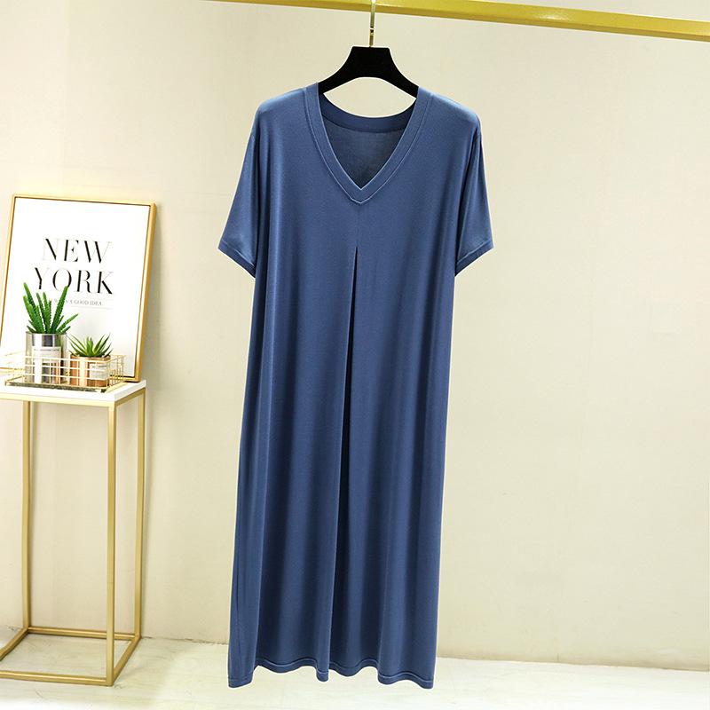 

Летнее повседневное платье из модала с V-образным вырезом и короткими рукавами. Платья больших размеров с пышной юбкой. Свободная длинная пижама. XL джинсовый синий