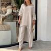 European Women's Cotton Linen Casual Plus Size Irregular Long Sleeve Top and Wide-Leg Pants Set