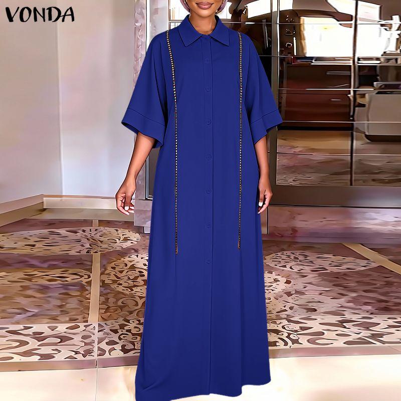VONDA Women Lapel Neck Long Sleeve Embroidery Hem Casual Long Elegant Shirts Dress