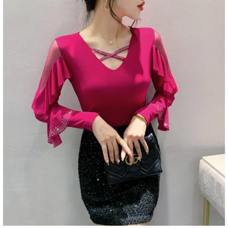 Spring Autumn Streetwear Girl Ruffled Hot Diamonds T-Shirt Fashion Sexy V-Neck Mesh Tops Women's Fare Long Sleeved Tees