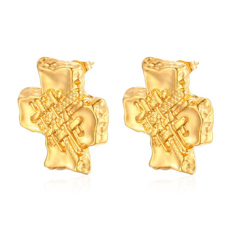 Fashion Versatile Retro Personality Cross Earrings High Sense Women's 18K Gold Stainless Steel Earrings