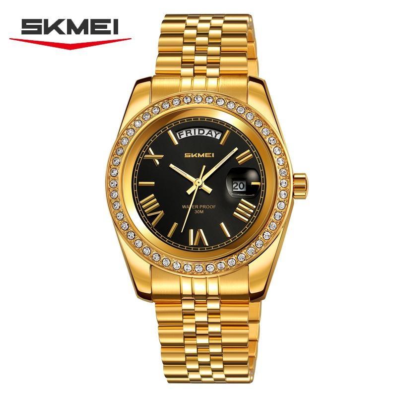 Mens Analog Quartz Watch Diamond Encrusted Bezel Day & Date Display Waterproof Stainless Steel Band