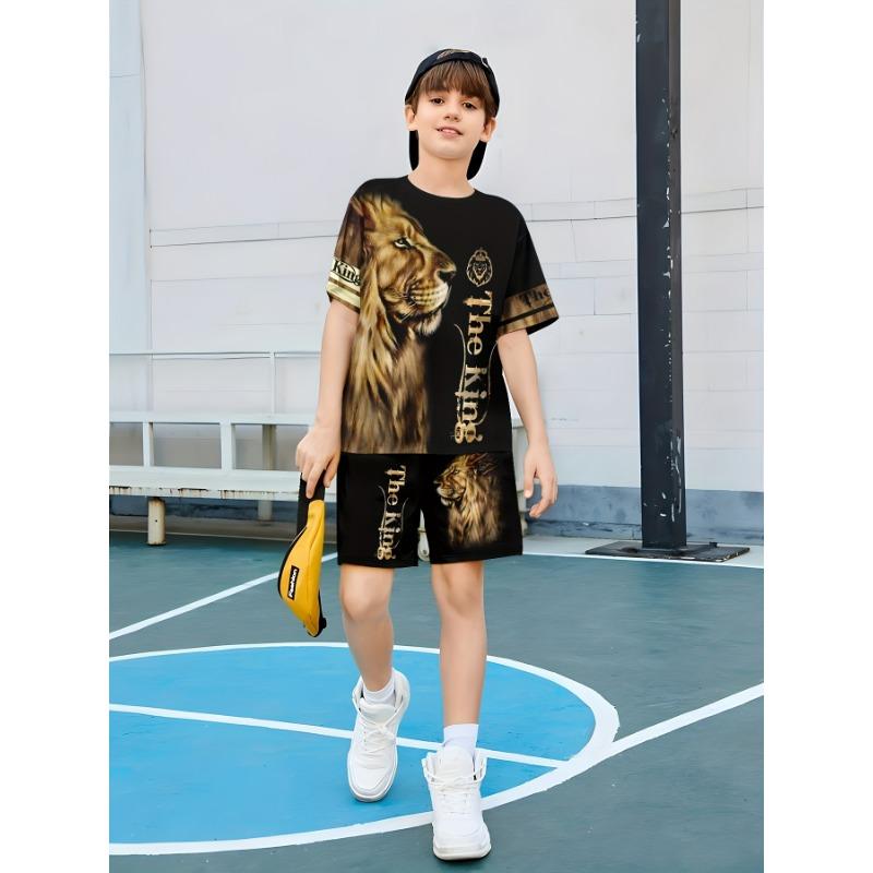 

Летний детский комплект 2025 года, повседневная футболка с 3D-принтом и шорты, полиэстер, круглый вырез, машинная стирка, весенне-летняя серия 160