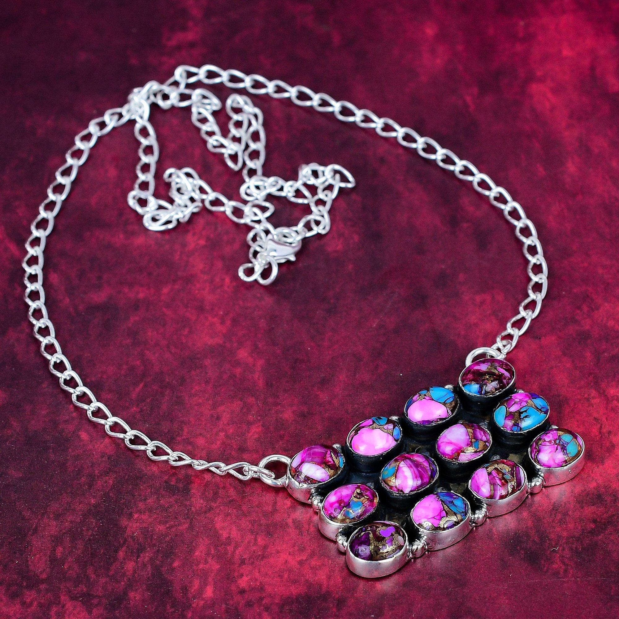 

Pink Spiny Copper Turquoise Handmade Gemstone Necklace, 925 Solid Sterling Silver Necklace Antique Jewelry, For Engagement Gift розовый