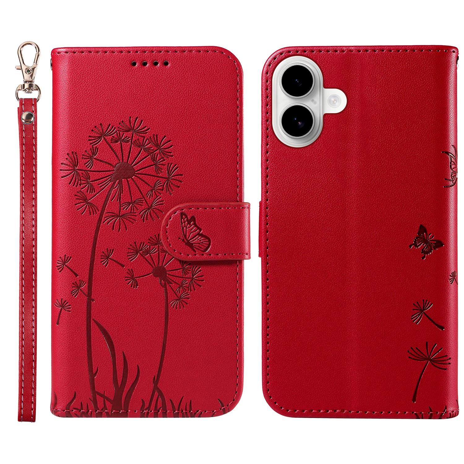 

For iPhone 16 Leather Case Wallet Phone Cover Dandelion Imprint Red
