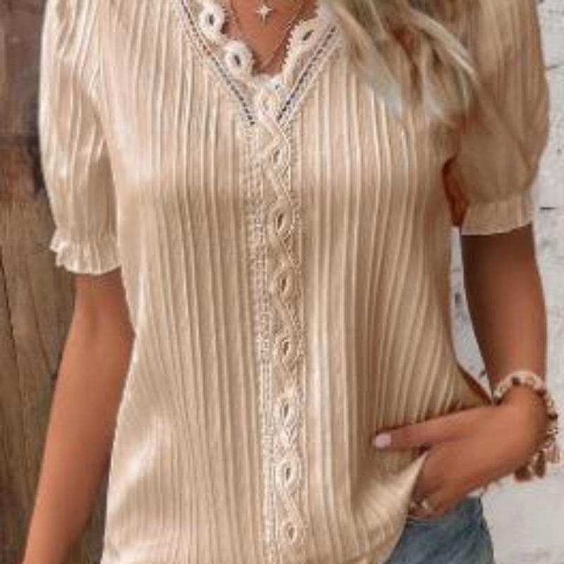 Dámské módní oblečení nadměrných velikostí Ležérní topy s krátkým rukávem pro ženy Krajkové prolamované košile Jednobarevné tričko s výstřihem do V Dámské halenky