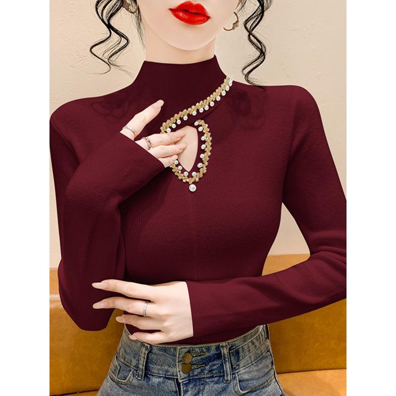 Korean Style Beaded High Neck Knitwear for Women - Long Sleeve, Hollow Out Slim Fit Sweater for Autumn/Winter