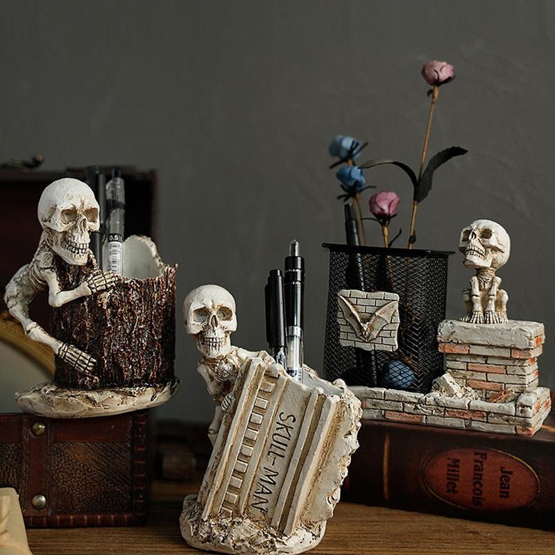Halloween Skull Pen Pencil Holder Skeleton Key Holder Makeup Brush Holder Home Office Desk Supplies Organizer Accessory Gifts