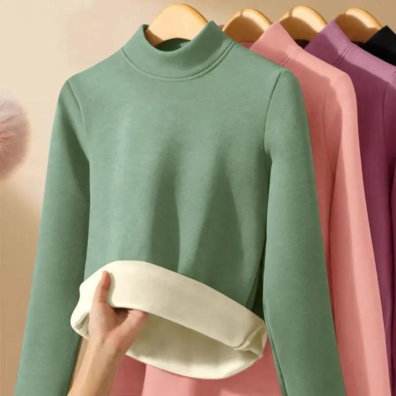 Women Thicken Half Turtleneck Bottom Shirt Double Sided Fleece Lined Warm Tops Delong Inner Wear Slim Long Sleeve Pullover Top