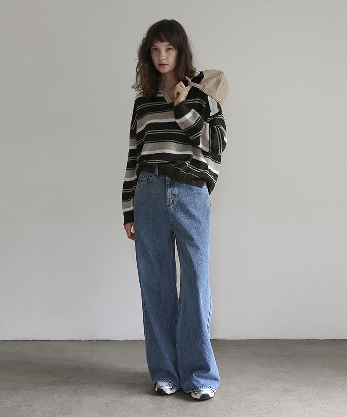 Beleunepeu Of Stripe Pullover Knit_Khaki