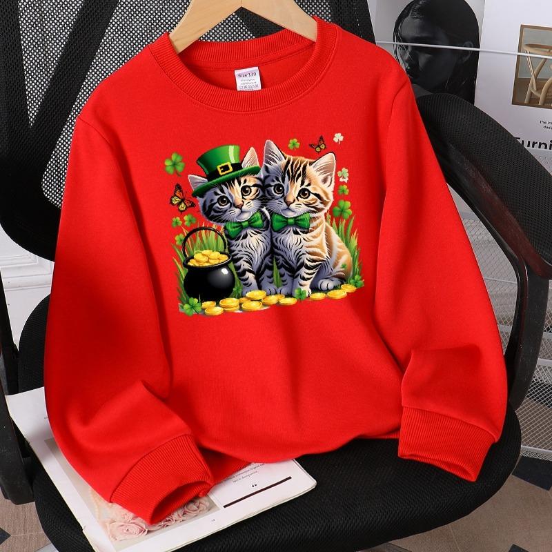 Kids Crewneck Long Sleeve Sweatshirt,Cats with Leprechaun Hat Gold Coins Clover Butterfly Print