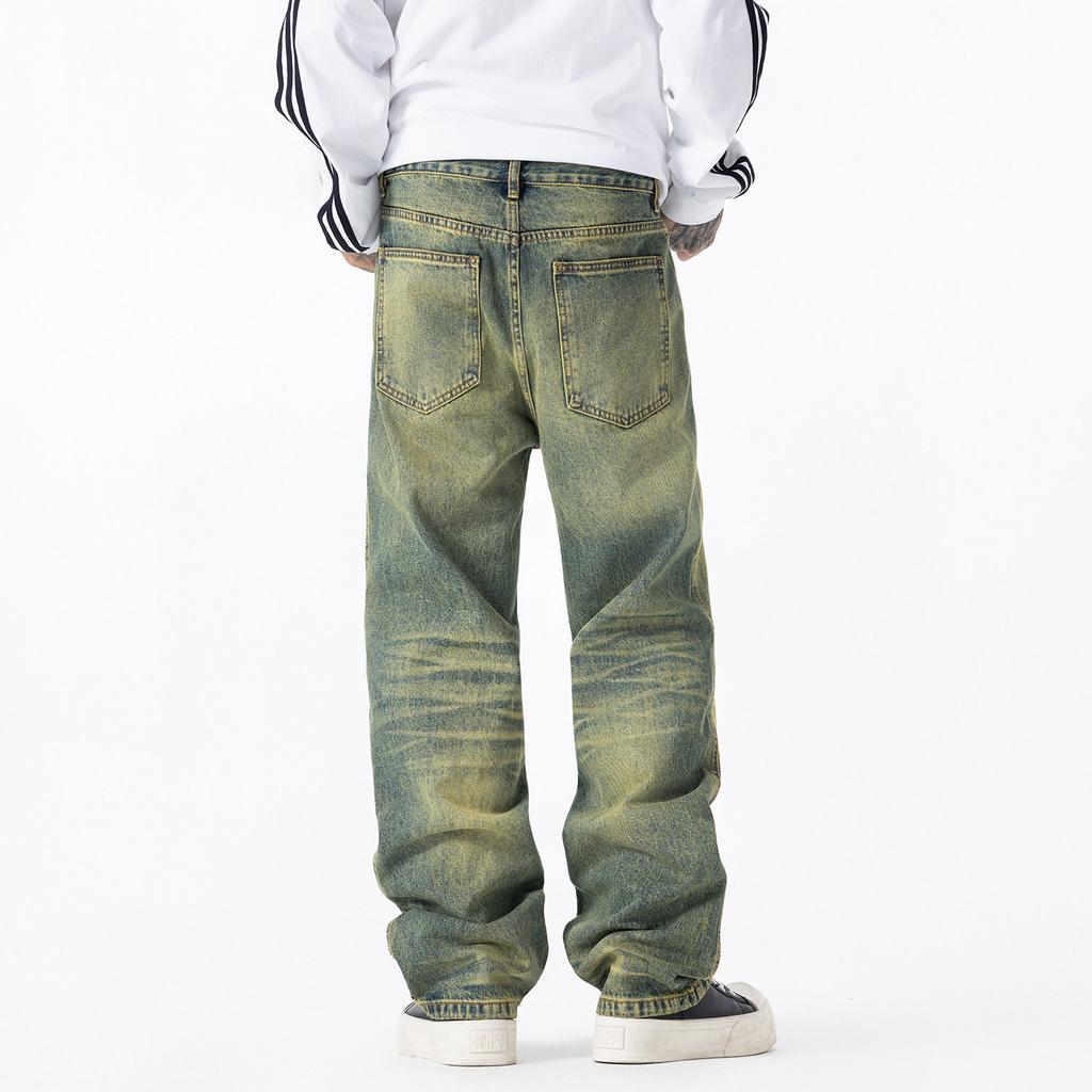 High Street retro washed old jeans men's trendy brand loose big straight denim drape wide leg trousers men