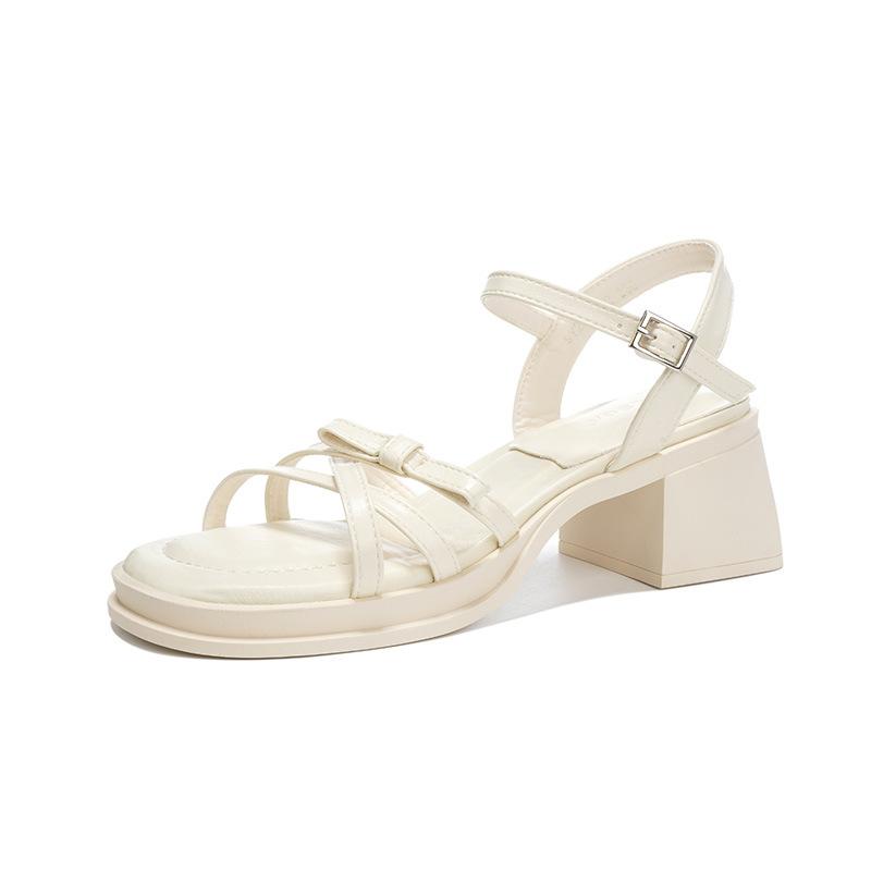 Summer New Thick Heel Fashion Versatile Open-toed Sandals Women's Bow Word with High-heeled Sandals