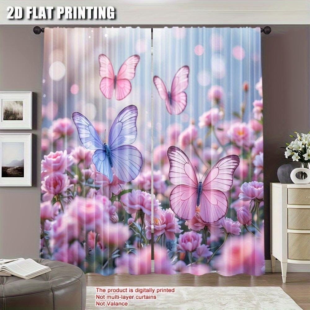 Room Darkening Flat Printing Window Curtains Pink Flowers Butterflies Polyester Wall Decor Suitable Bedroom Wind Curtain Set Of 2 Made Washable