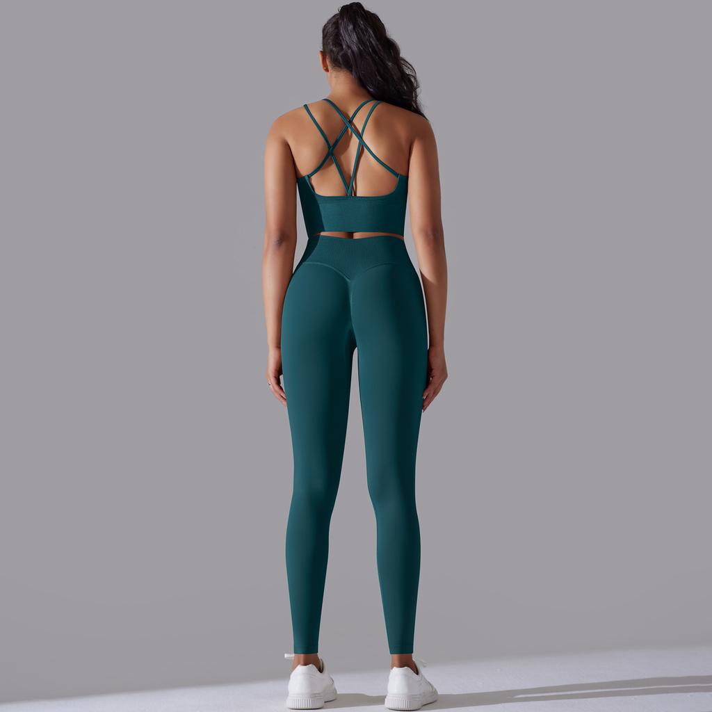 European and American New Seamless Knitted Solid Color Beauty Back Tight High Waist Yoga Suit Running Fitness Two-piece Set