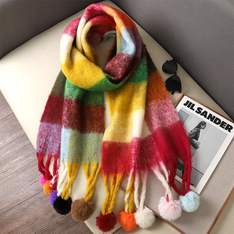 

Winter Thick Warm Scarf Women Cashmere Shawl and Wraps Pashmina Neckerchief Bufanda Female Rainbow Hairy Tessel Echarpe New One size