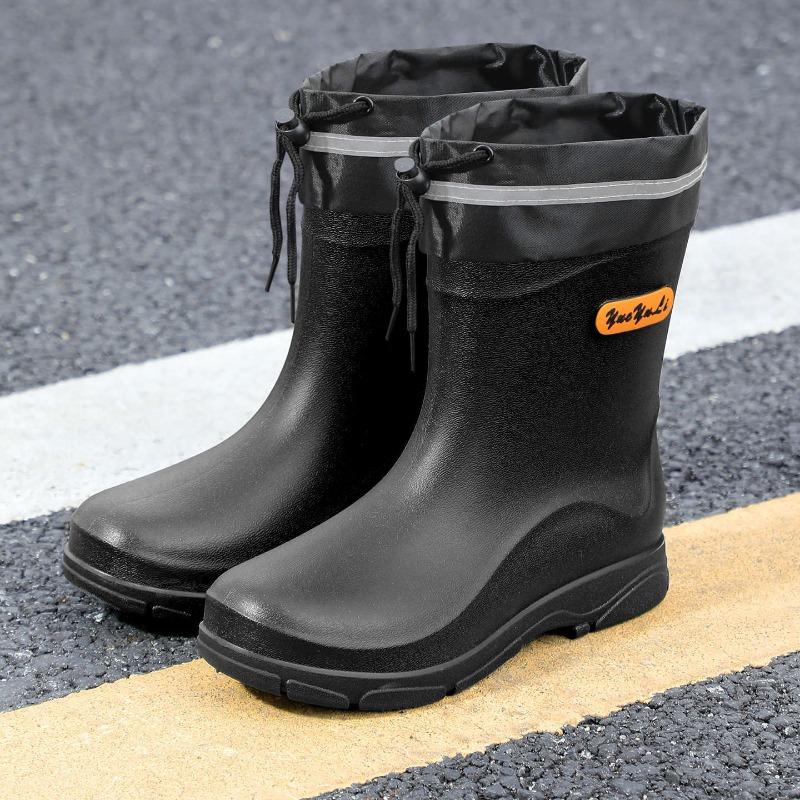 Four Seasons Men's Rain Shoes Black and Red Short Men's Wading Boots Fishing Boots Medium and Short Night Reflective Strip Fashion Rubber Shoes