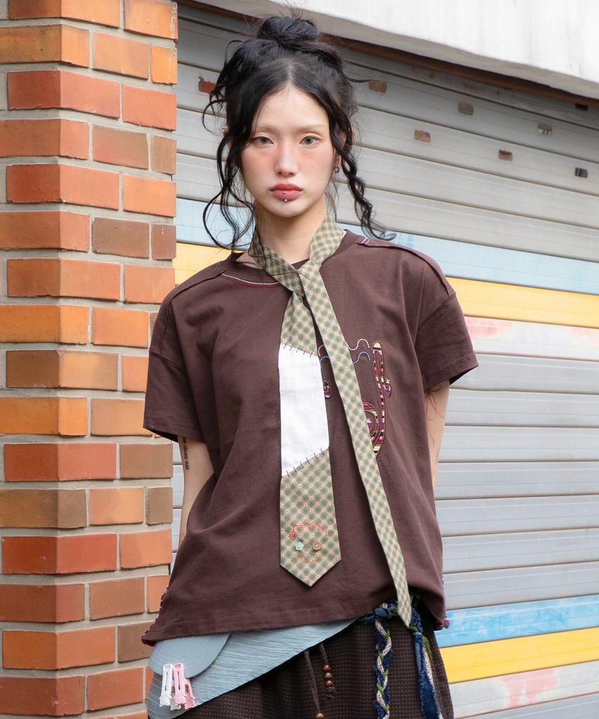 RuNaKi'Hu' Wxt085 Onco Stripe Applique T-Shirt (Brown)