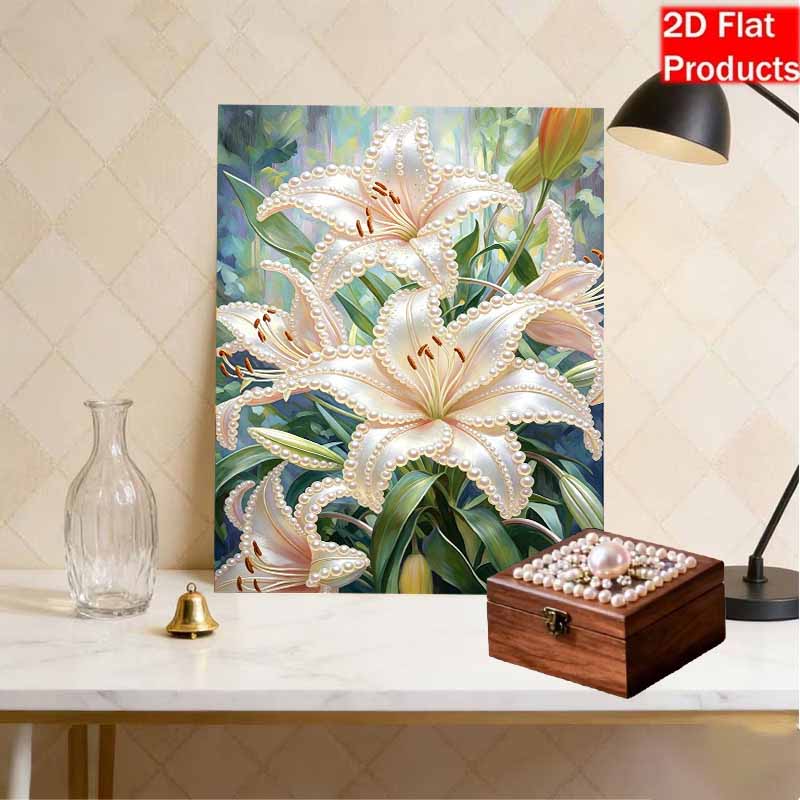 DIY Frameless Pearl Painting Kit Elegant White Lily Flowers 3D Shiny Bead Art Canvas Relaxing Craft for Adults Home Wall Decor Gift