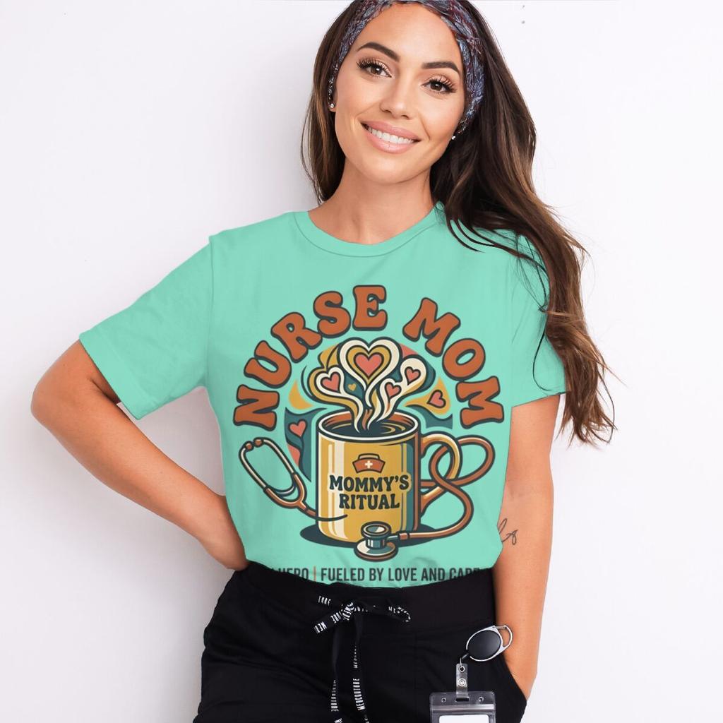 Nurse Mom Tshirts Mommys Ritual Vintage Streetwear Fashion Stethoscope And Coffee Pattern Women Short Sleeve Nurse Tshirt Gift