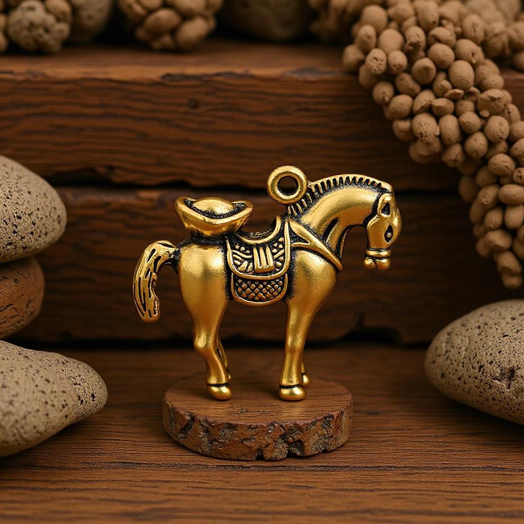 Brass Horse Wealth Keychain Pendant with Five Copper Coins - Creative Car Hanging Ornament