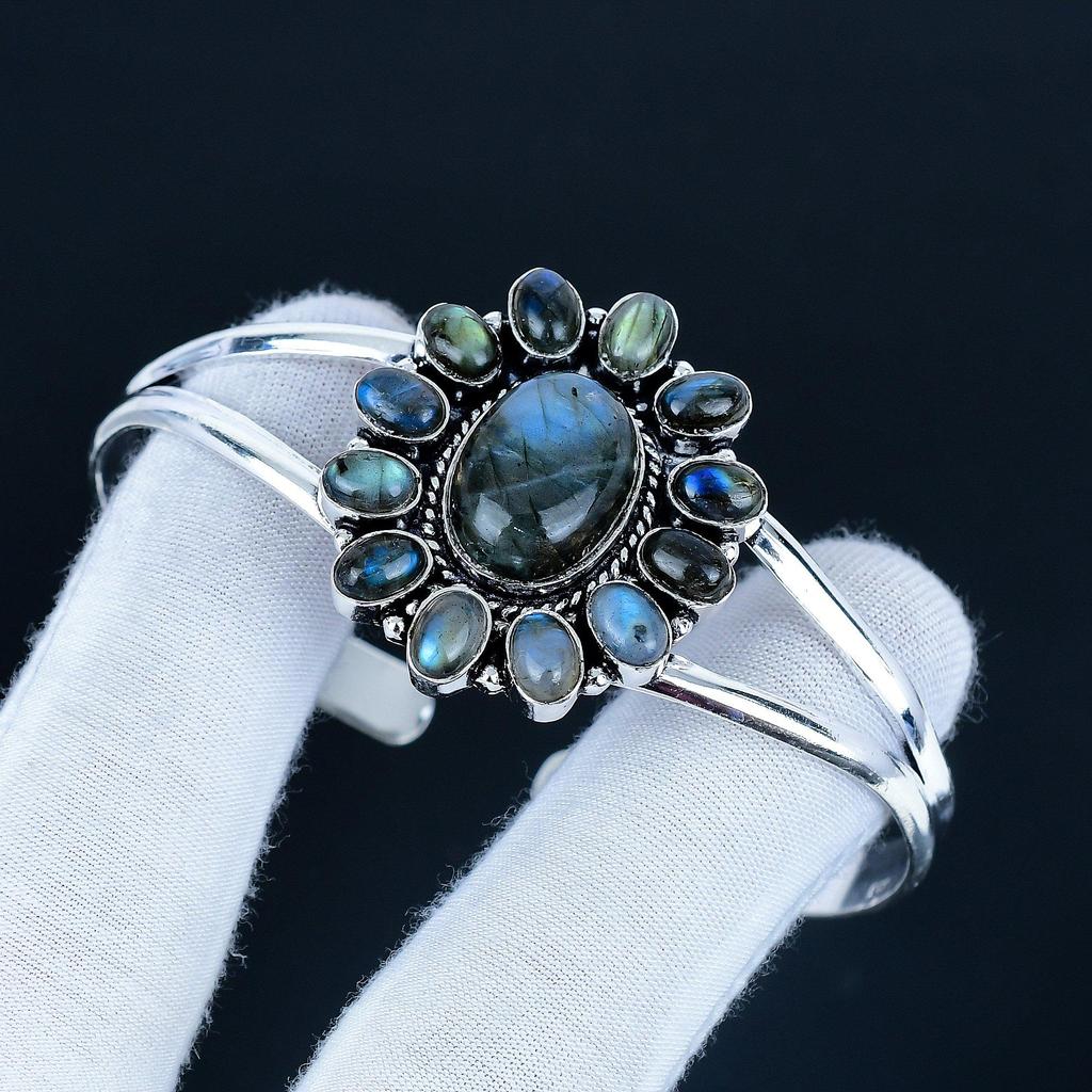 Natural Labradorite Gemstone Handmade Cuff Bangle 925 Sterling Silver Cuff Bangle, Labradorite Flower Shape Bracelet For Wife, Unisex Bangle, Gift
