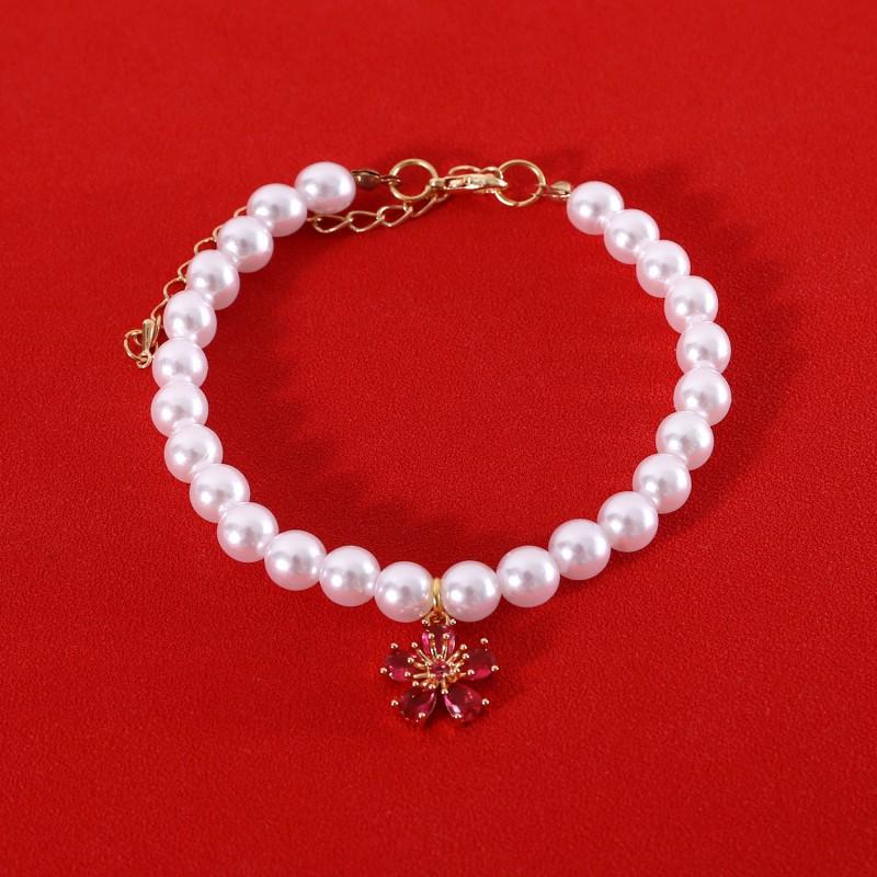 Floral Pet Necklace With Pearl Zircon Accents Cats Small Dogs - Birthday Wedding Party Accessory