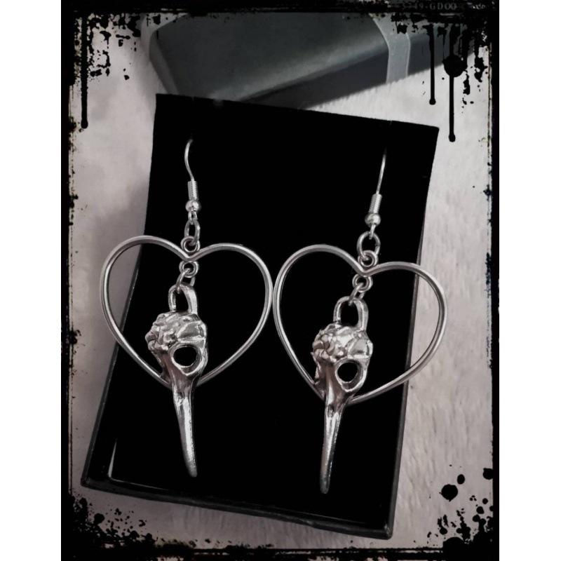 Retro Gothic Bird Skull Heart Hoop Earrings for Her