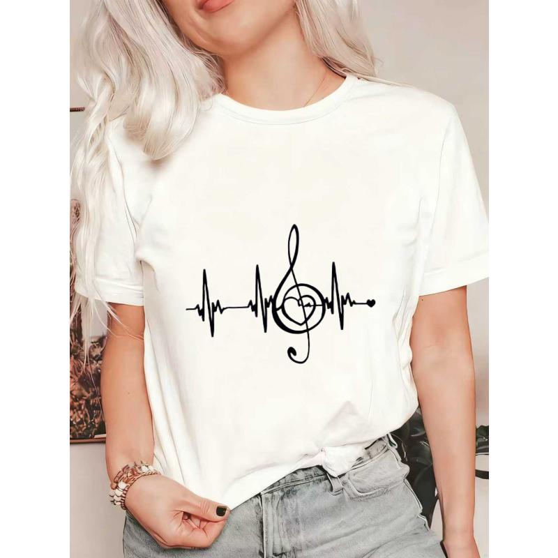 

Oversized T Shirt Black Music Note Heartbeat Print Casual Streetwear For Women XXXXL белый