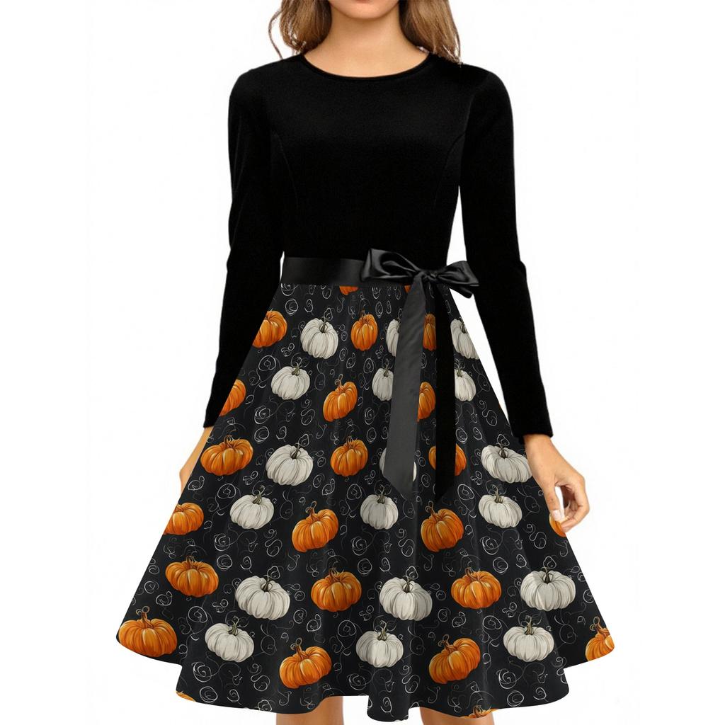 Women's Vintage Round Neck Dress with Halloween Print for Casual Fall Outings