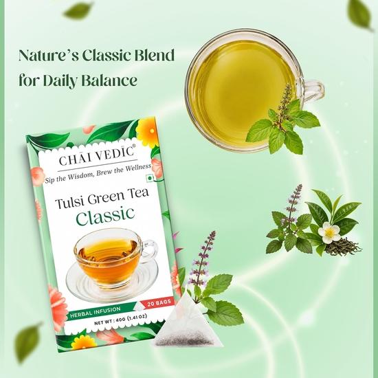 Chai Vedic Tea | Tulsi Green Tea Classic | Tulsi Tea | Green Tea | 40 Tea Bags | Tea Powder