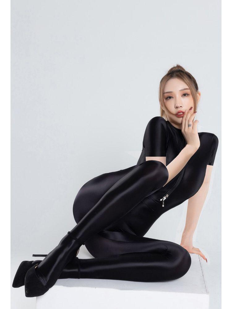Glossy Shiny Short Sleeve Pantyhose Jumpsuit Zipper Open Crotch Bodysuit Transparent Tights Sexy Japanese Sukumizu Bodystocking