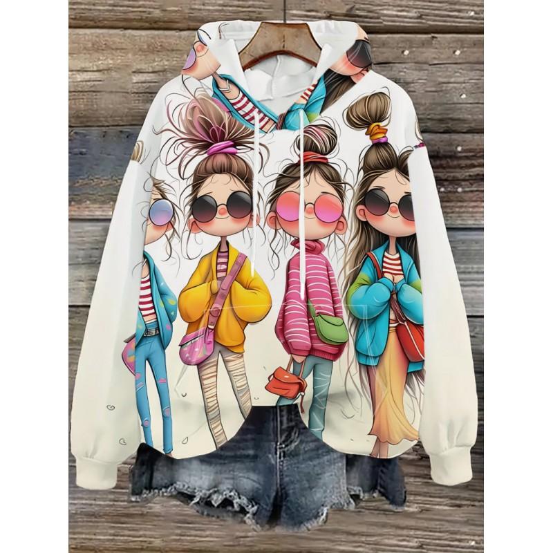 Womens Oversized Hooded Sweatshirt With Cartoon Animal Print Casual Streetwear Top Fall 2025