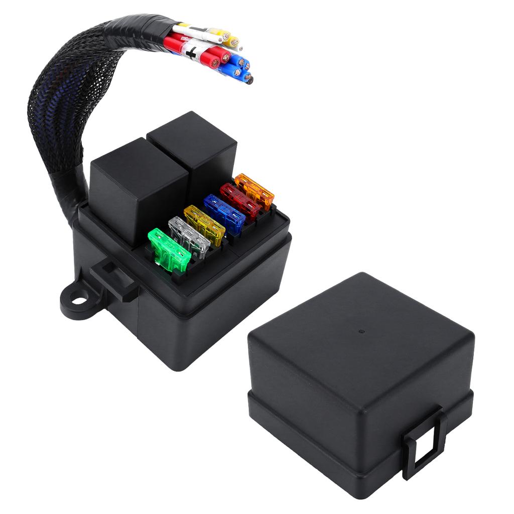 6-way with 2 relay boxes,car 12V fuse box, 2 4-pin 80A relays and 6 ATCATO fuse holders, suitable for cars, RVs, ships, etc