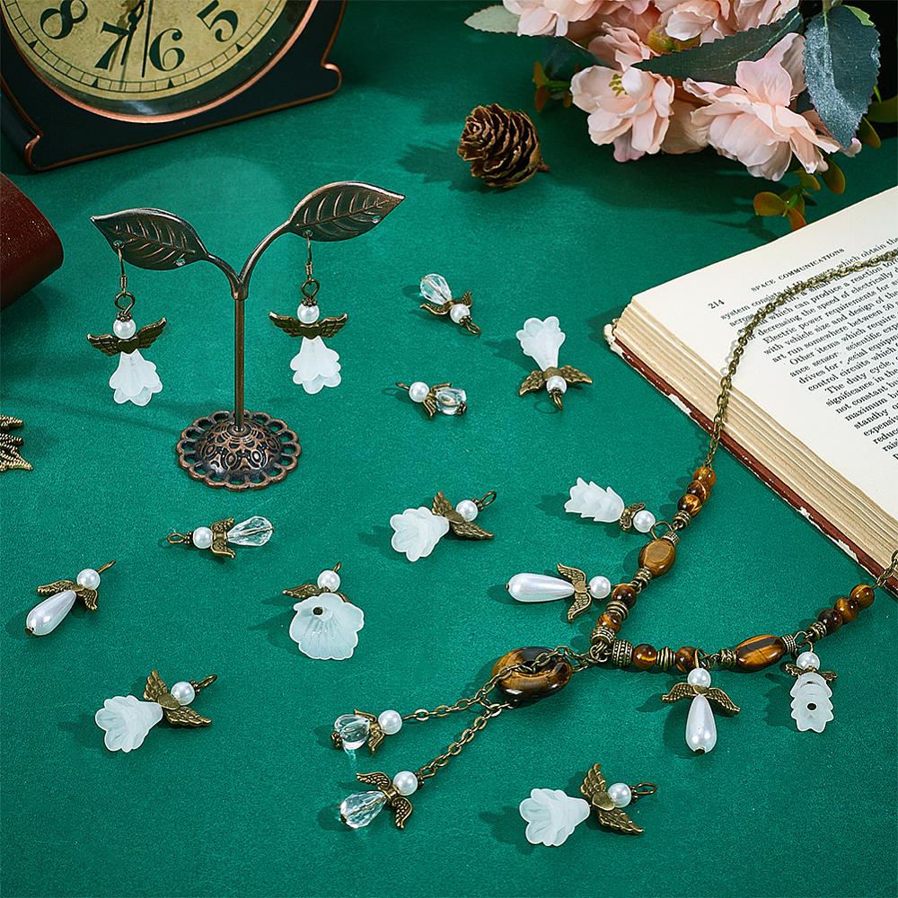 48Pcs 6 Styles Acrylic & Alloy Pendants Angel Charms Antique Bronze 23~34mm Hole: 3mm 8pcs/style