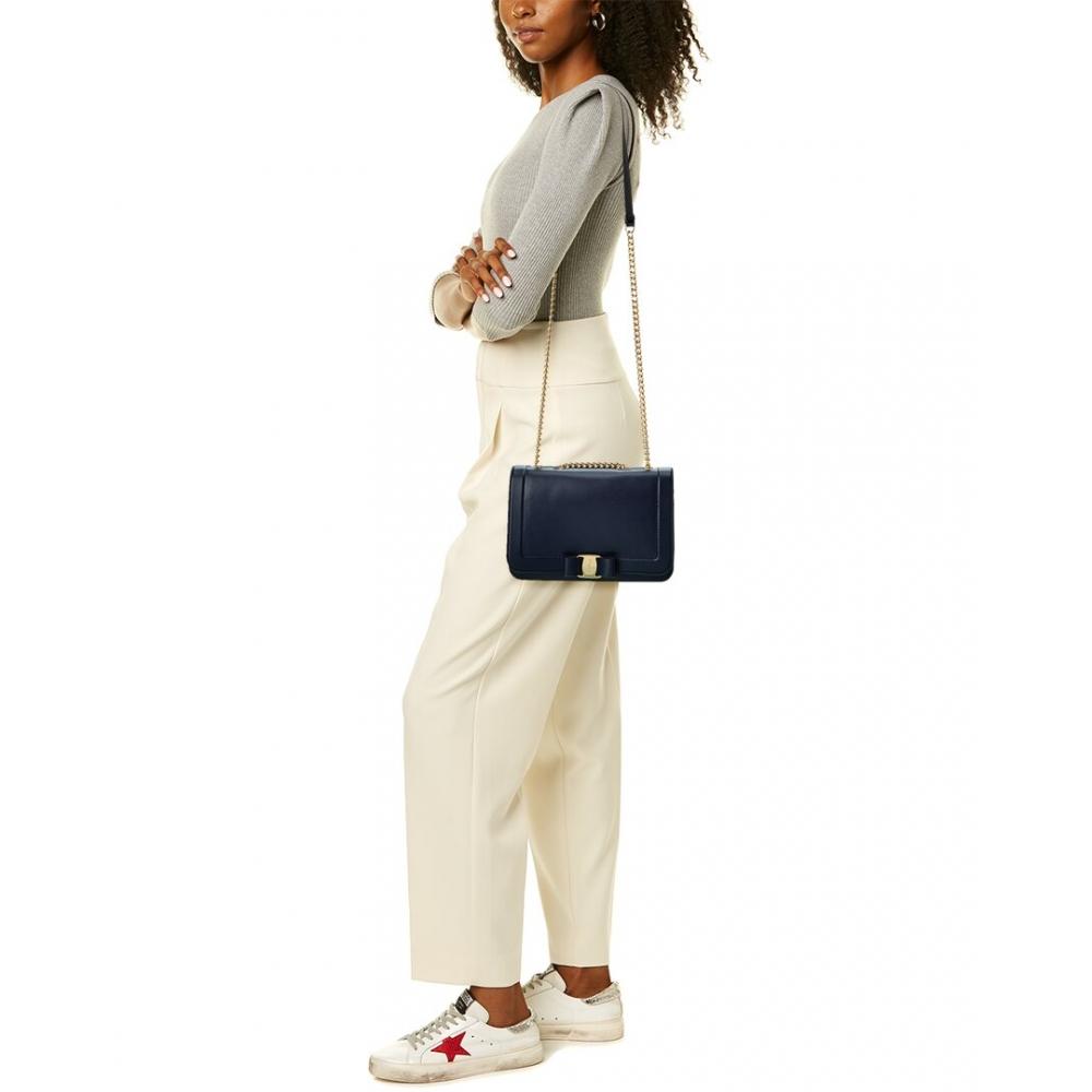 Salvatore Ferragamo Ferragamo Vara Bow Front Flap Leather Shoulder Bag Blue