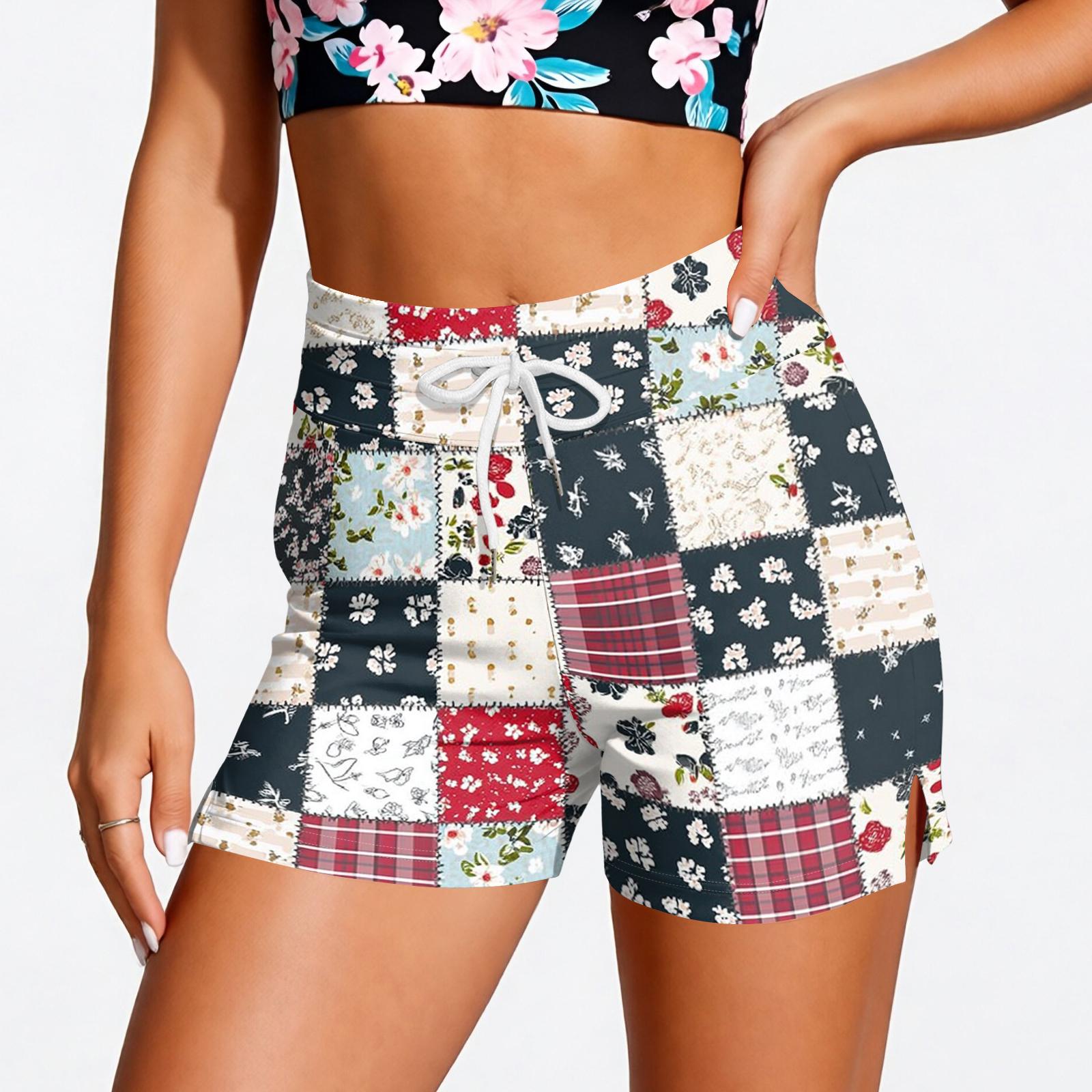 

Women’s Drawstring Waist Patchwork Print Shorts Casual Lightweight Elastic Waistband Summer Lounge Shorts XXL