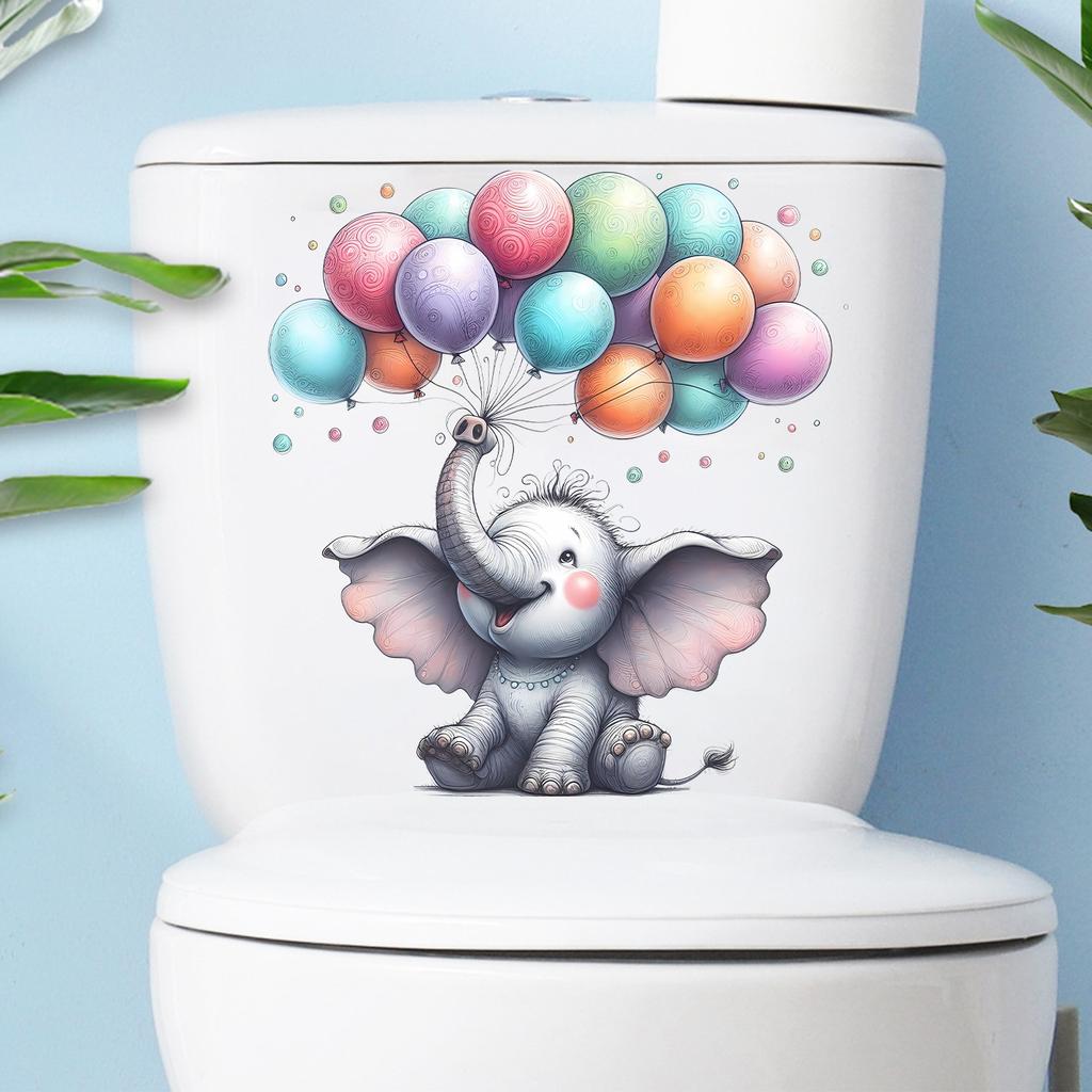 Watercolor Cartoon Elephant with Balloons Toilet Sticker Self-Adhesive Removable for Kids Bathroom Bedroom Decor