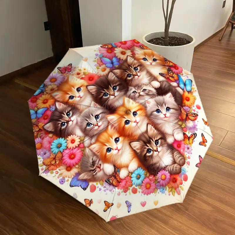 1pc Floral Kittens Butterfly Heart Umbrella with Plastic Handle,Suitable for All Seasons Home Travel Outdoor UmbrellaDD526