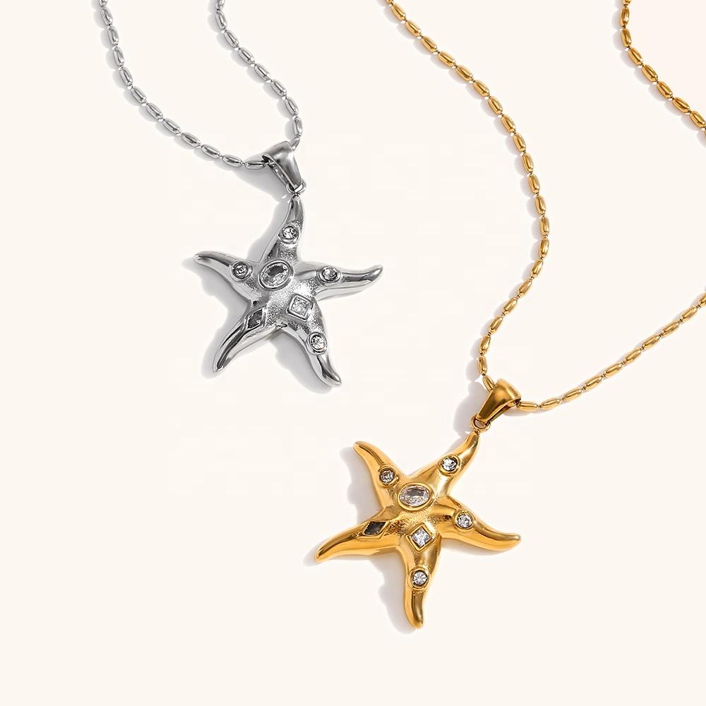 Dingran Custom Fashionable Stainless Steel Gold Plated Geometric Zirconia Starfish Pendant Necklace