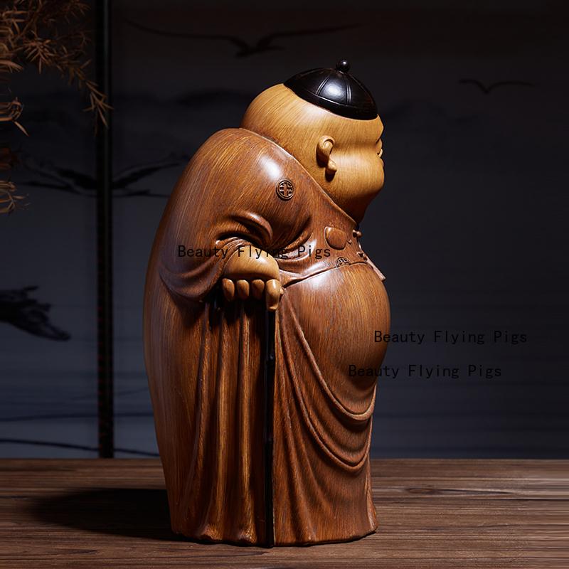 1pc Chinese Landlord's Ornament Wooden Carved Figurine Ornaments Home Decoration Wooden Carving Crafts Feng Shui Sculptures