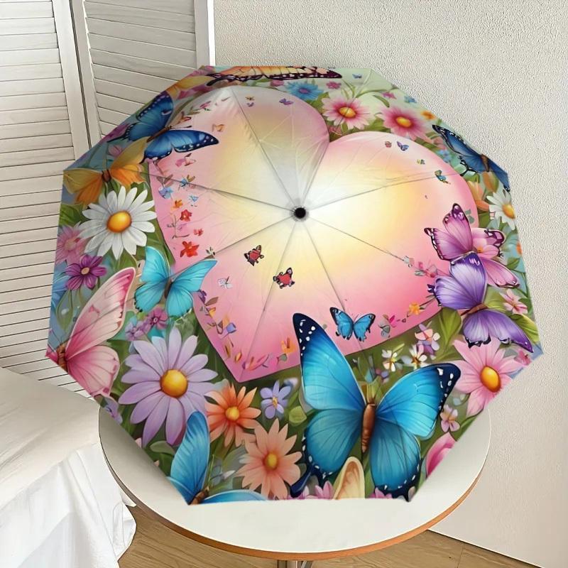 

1pc Butterflies and Flowers Heart Umbrella with Plastic Handle,Suitable for All Seasons Home Travel Outdoor UmbrellaDD064