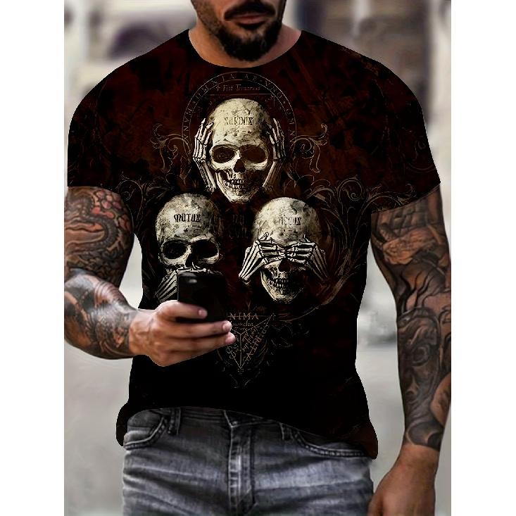 Men's Gothic Skull Print T-Shirt, Short Sleeve Crew Neck, Soft Cotton Blend, Edgy Graphic Design for Streetwear & Casual Daily Wear