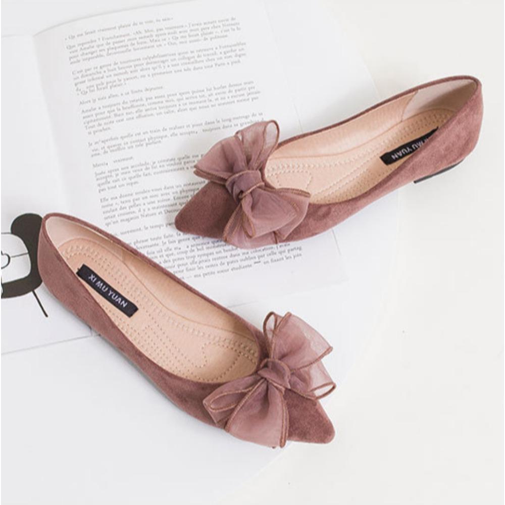 Fashion Flat Shoes for Women Spring New Shallow Bow Single Shoe Pointed Suede Flats Shoe Soft Soled Oversized Women's Shoes Ladies Pumps