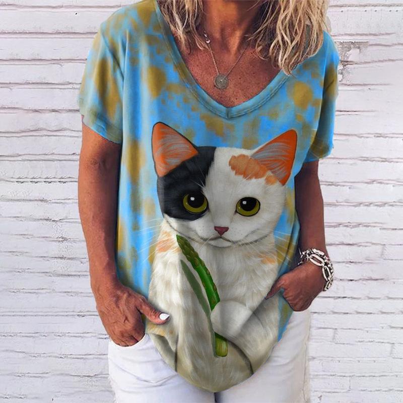 Women's Casual T-shirt Top New V-neck T-shirt Loose Short Sleeved 3D Digital Printed Cat Pattern T-shirt