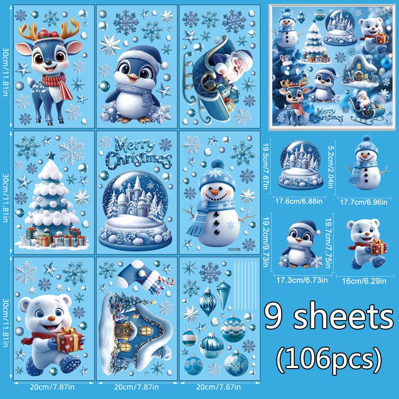 4/9 Sheets Christmas Stickers Removeable Window Cling Sticker Black Gold Cartoon Double-Sided No-Glue Santa Claus Snowflake Xmas