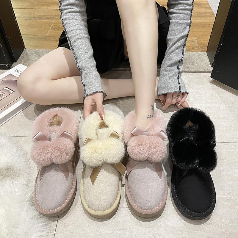 Hairball Snow Boots Women's Winter New Cotton Shoes Fashionable Thick-soled Plush Thickened Fluffy Short Boots