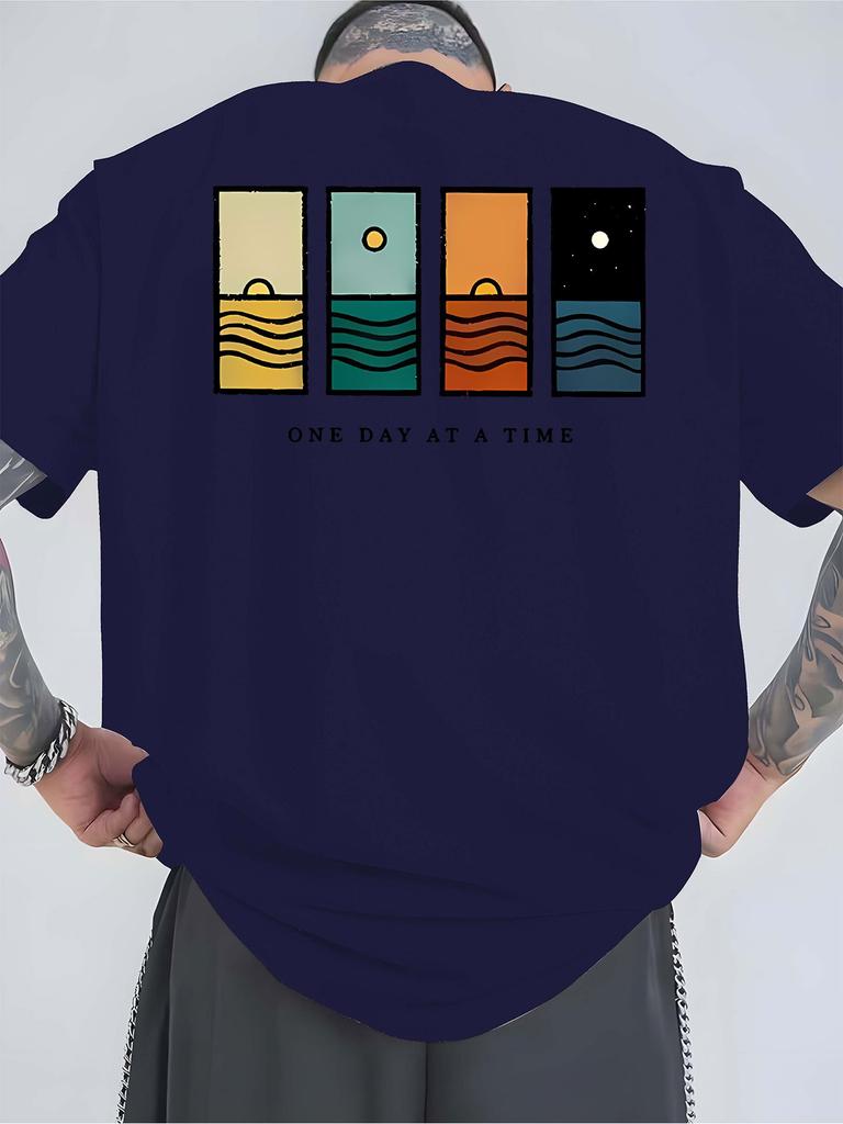 Unisex O Neck Tee Day Night Ocean View Graphic Text Print Cotton Short Sleeve Loose Summer Breathable Daily Casual Basic Wear Top